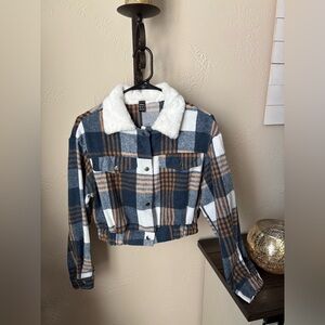 Plaid Utility Jacket with Faux Fur Collar